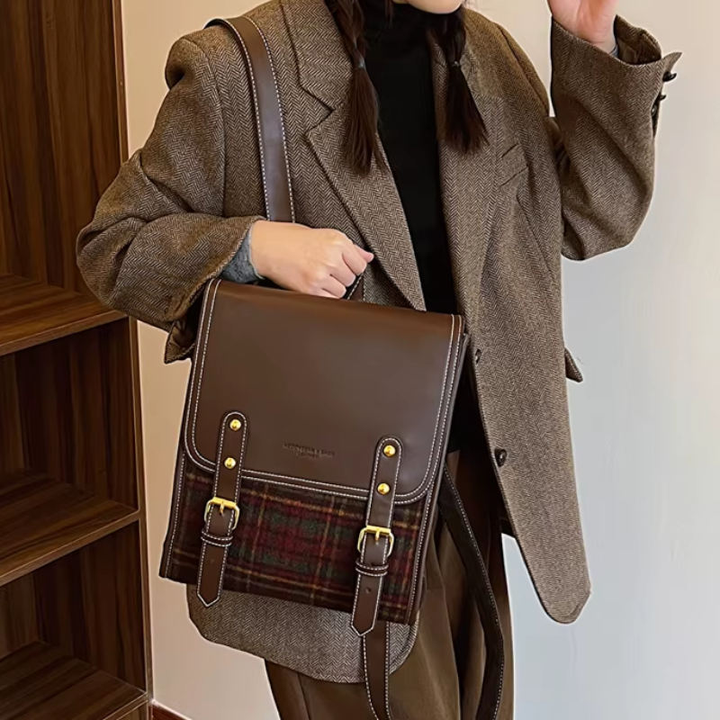 Sac à carreaux rétro façon cartable pour femme