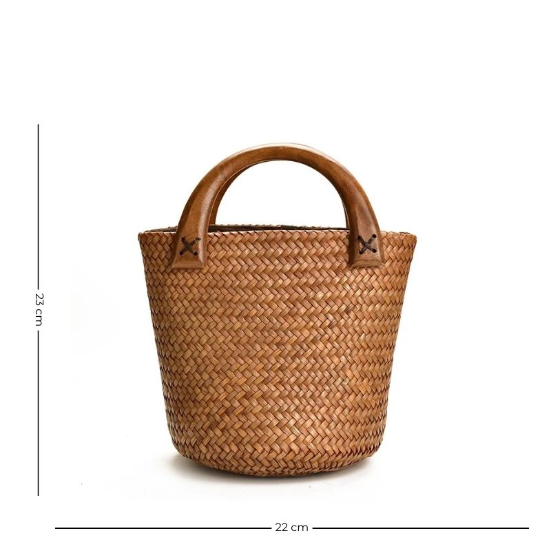Sac à main en osier façon panier avec poignée bois
