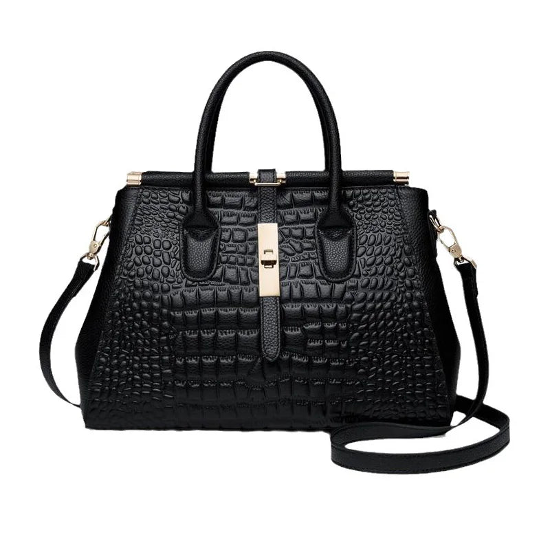 Sac à main noir en cuir motif crocodile pour femme