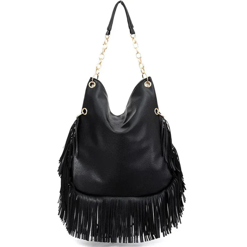 Sac à main noir style besace avec motif original et frange