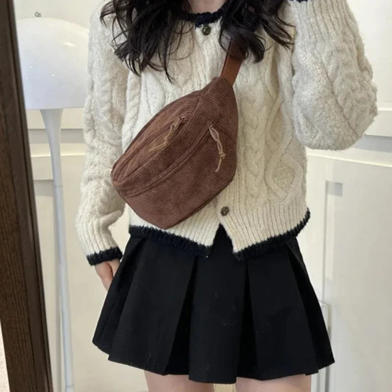 Sac banane femme en velours côtelé marron