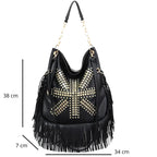 Sac besace noir orné d’une frange et d’un motif original