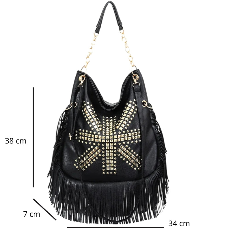 Sac besace noir orné d’une frange et d’un motif original