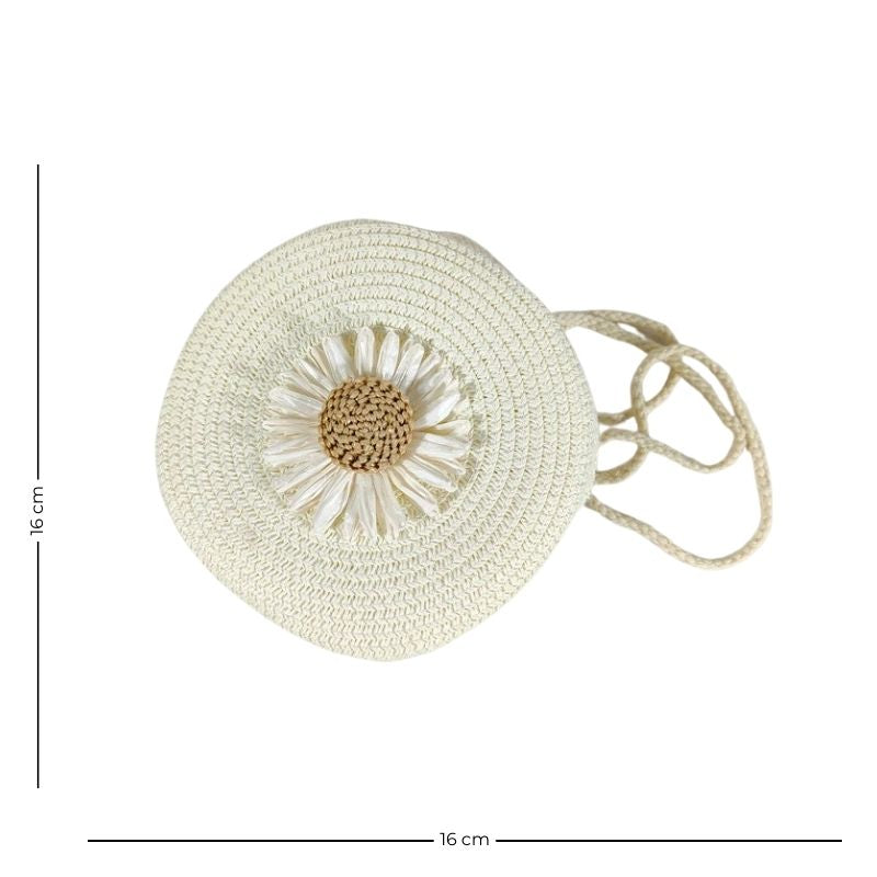 Sac de forme ronde en paille orné d’une fleur