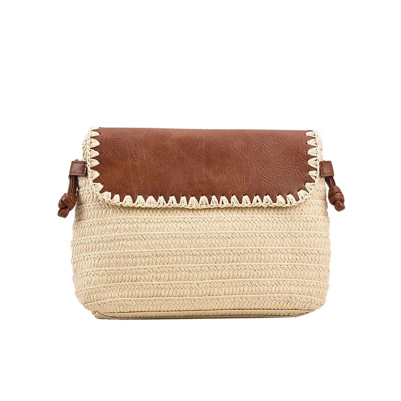Sac en paille marron et beige à bandoulière