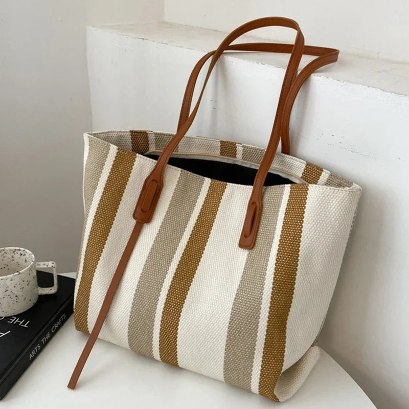 Sac en toile rayée façon cabas grande capacité
