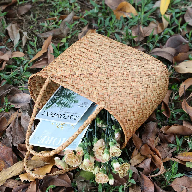 Sac façon panier en paille beige