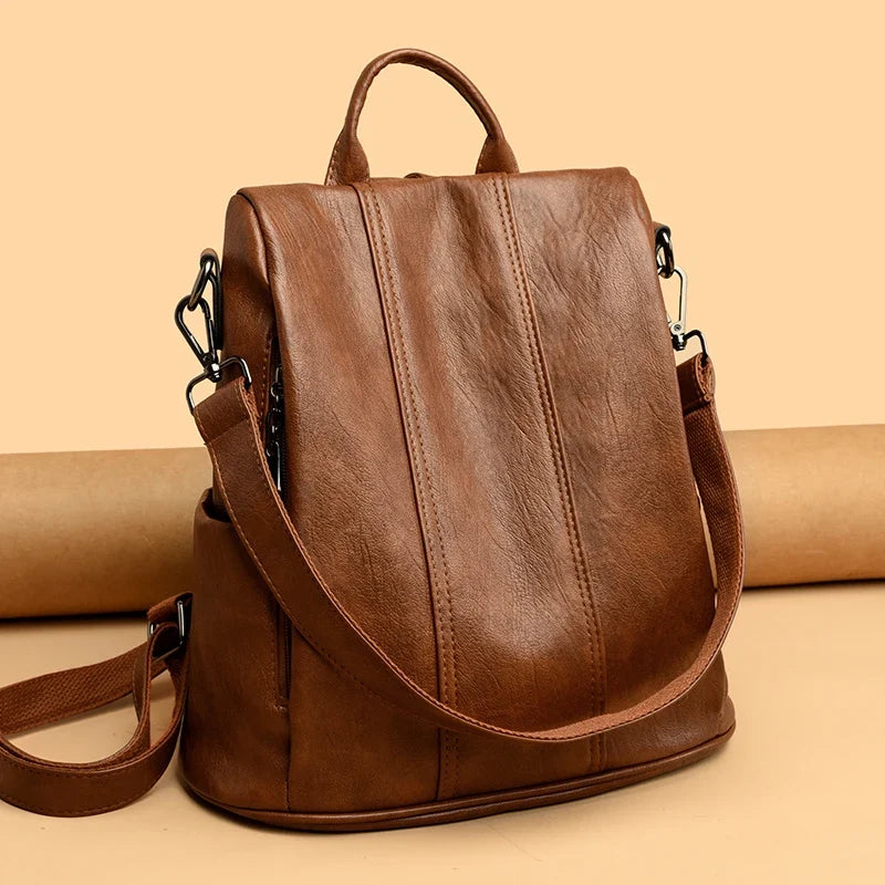 Sac féminin rétro à main et à dos en simili marron