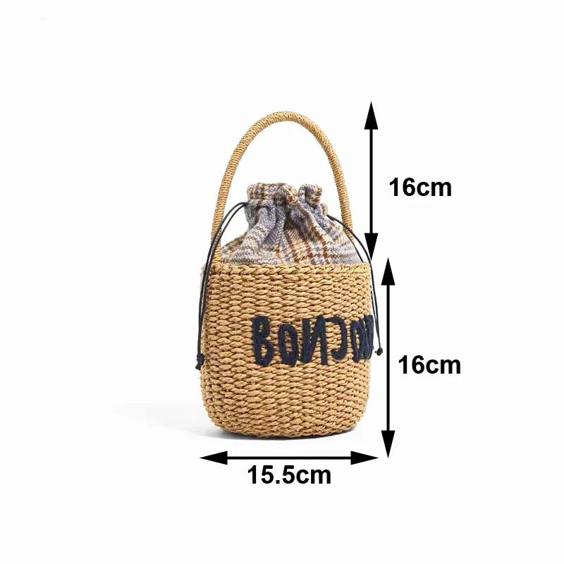 Sac panier brodé en paille porté main