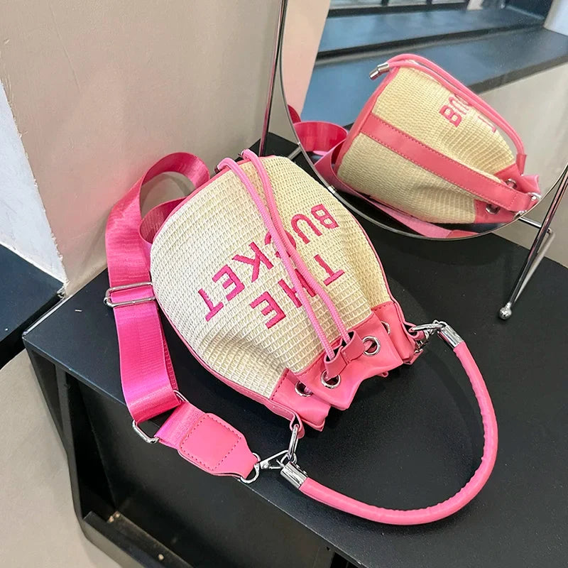 Sac seau pour femme en paille rétro